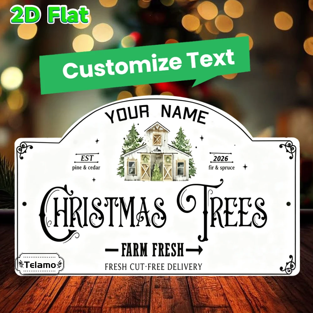 Custom Text Arched Metal Sign, Watercolor Barn & Pine Tree Illustration, Christmas Wall Decor, Mantel Patio Yard Decor, Christma