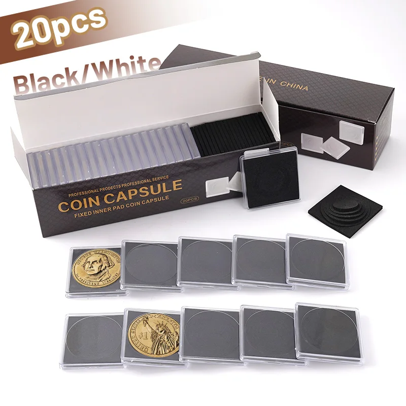 20pcs 20/25/30/35/40mm Square Coin Holder Foam Padding Container Mini Coin Storage Small Plastic Box Transparent Protection