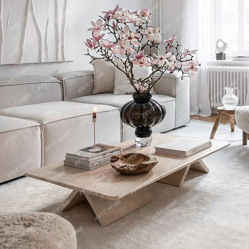 Wabi-sabi style natural travertine coffee table, light luxury creative living room sofa art rectangular coffee table