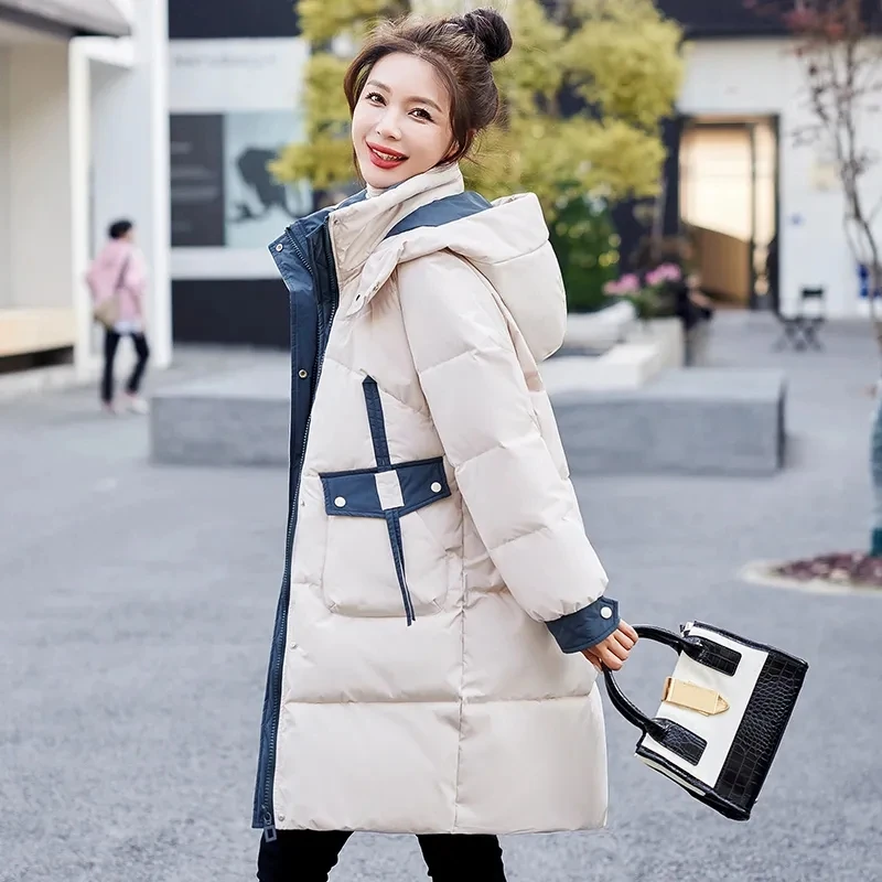 Fashion Down Cotton-padded Jacket Female Temperament Long Hooded Winter New Color Matching Western Style Korean Coat Tide.