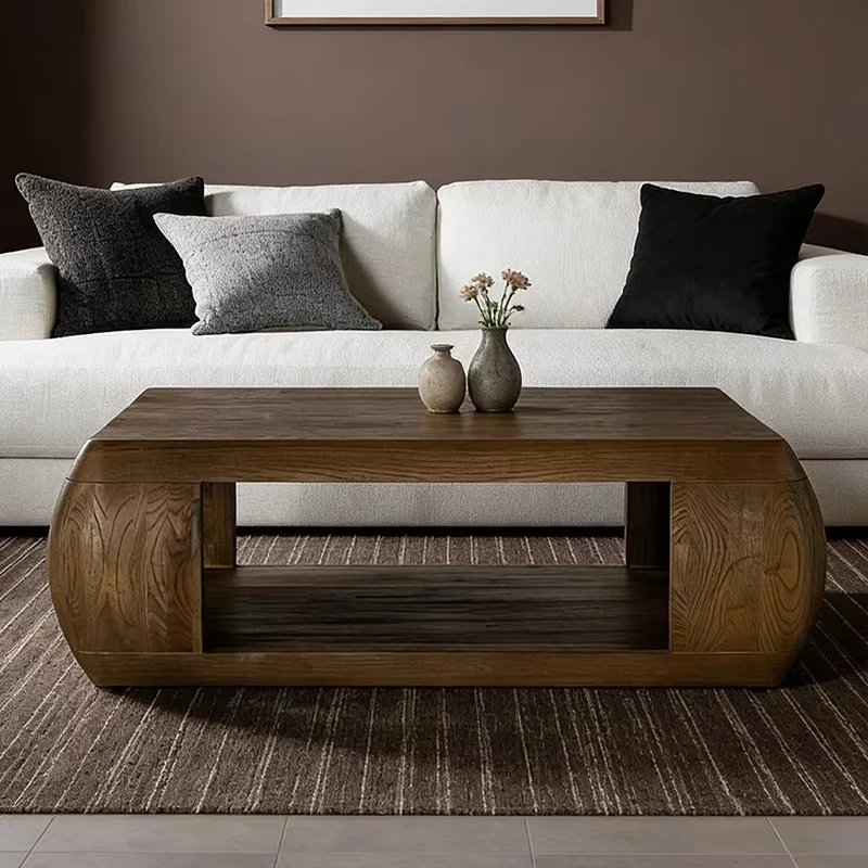 wq-Solid Wood Coffee Table with Curved Side Panels and Open Storage Natural Oak Finish for Modern Living Rooms Mesa De Centro^