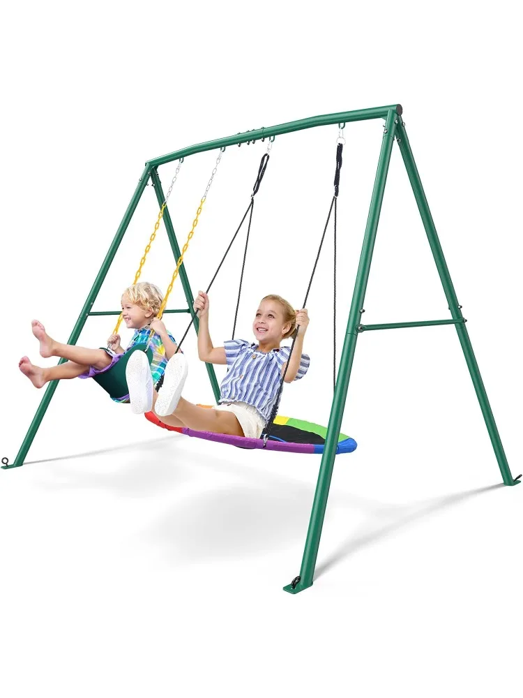 

440lbs 2 Seat Sets for Backyard, 1 Saucer and 1 Belt with Heavy Duty Outdoor A-Frame Metal Swing Stan