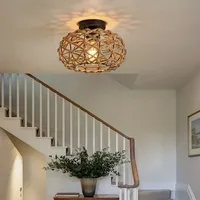 Hemp Rope Ceiling Light Fixtures Natural Woven Rattan Wicker Chinese Style Lampshade Hallway Decor Lighting Eco Friendly