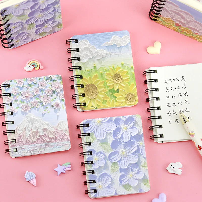 Kawai Side Flip A7 Oil Painting Coil Notebook Elementary School Student Cherry Blossom Notebook Pocket Notepad High Looking
