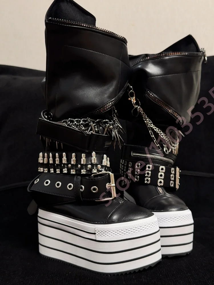 Black Platform Mid Calf Boots Multi Rivet Spike Chain Buckle Strap Zipper Striped Thick Sole Punk Gothic Streetwear Fashion Boot