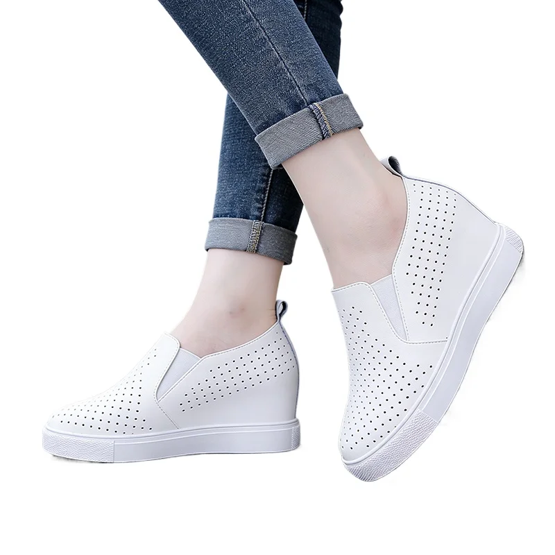 

Elegant Ladies Genuine Leather White Shoes Spring Summer Fashion Brand Women Wedges Heels 6cm
