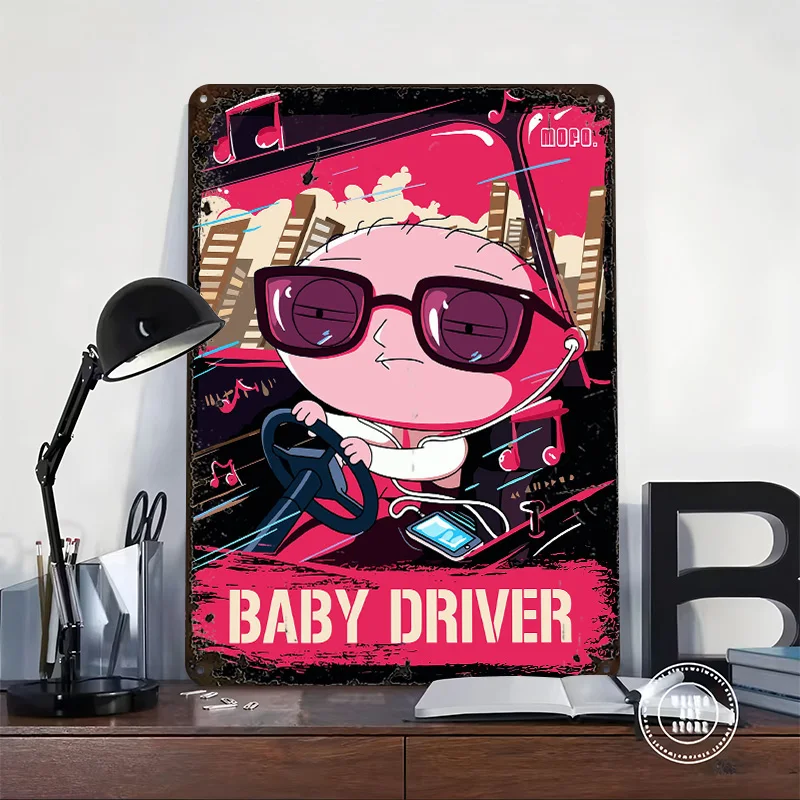 Stewie Griffin Baby Driver Fan Art 3D Printed Texture Poster Personalized Wall Art Retro Metal Tin Signs for Man Cave Decor Room