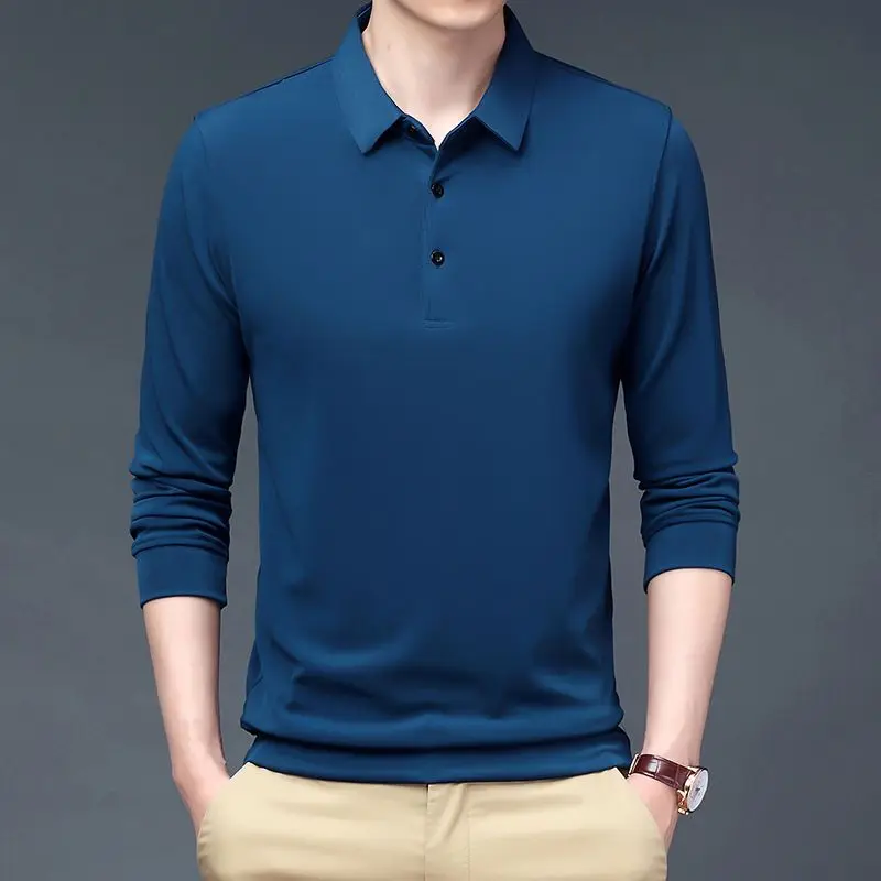 Spring New Solid Color Long-sleeved Lapel Middle-aged and Young Men's Casual Versatile Business Korean Version Thin POLO Shirt