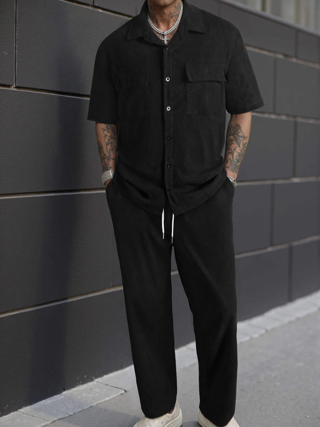 

New Men's Suit-Collar Commuter Casual Shirt Fashion High-Quality Solid Color Short Sleeve Shirt+Trousers Male Two-Piece Set