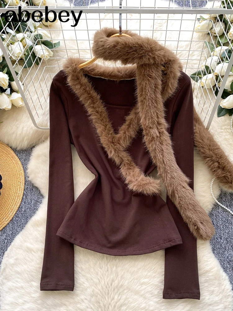 

Y2k лоскутная футболка с меховым воротником и длинными рукавами для женщин, облегающие сексуальные топы с v-образным вырезом, весенне-осенние эстетические готические уличные футболки