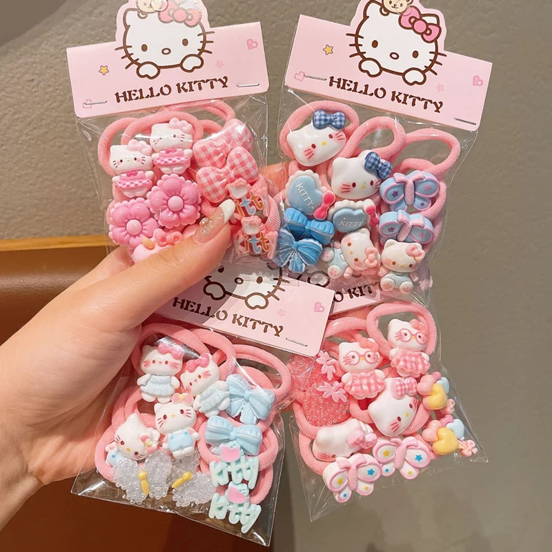 

10 Pcs Children's Hair Bands Pink Cute KT Cat Bowknot Hair Accessories Baby Small Rubber Bands Hair-friendly Girls Hair Ties