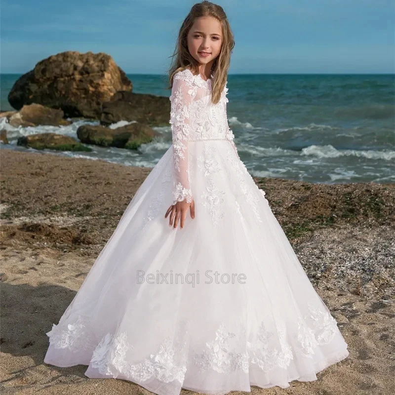 white Flower Girl dress bespoke elegant tulle appliques long sleeve formal occasion wedding princess birthday ball evening gown