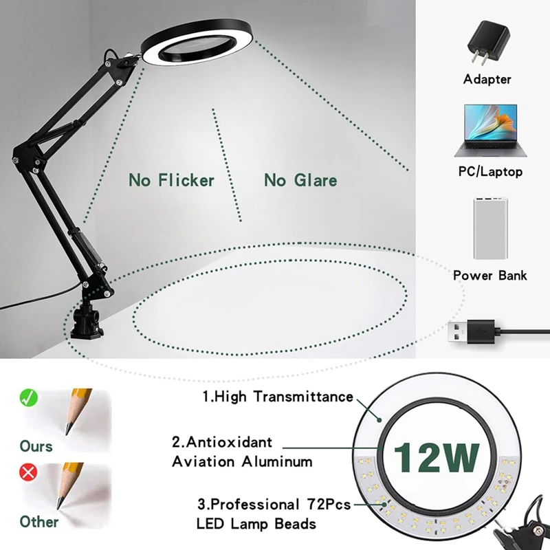 Magnifying Glass With Light And Stand, 10X Magnifying Lamp, 2-In-1 Magnifying Desk Lamp With Clamp, Desk Hutch