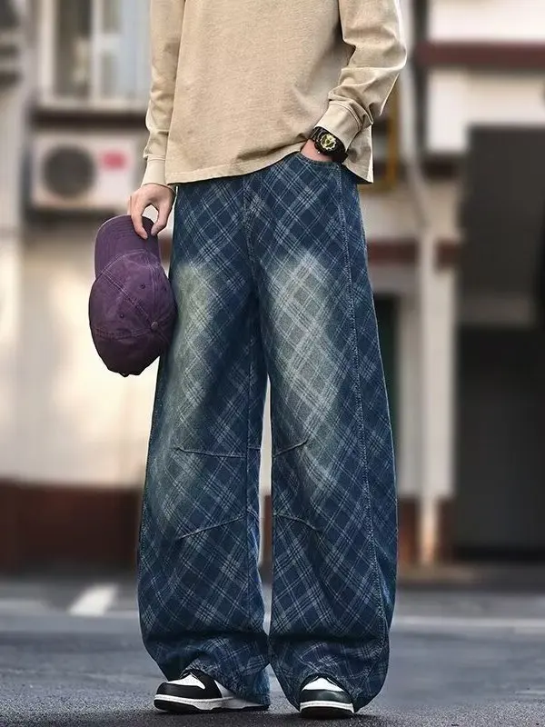 

American Style Plaid Color Block Men's Jeans Winter Vintage Washed Loose Casual High Street Versatile Long Pants