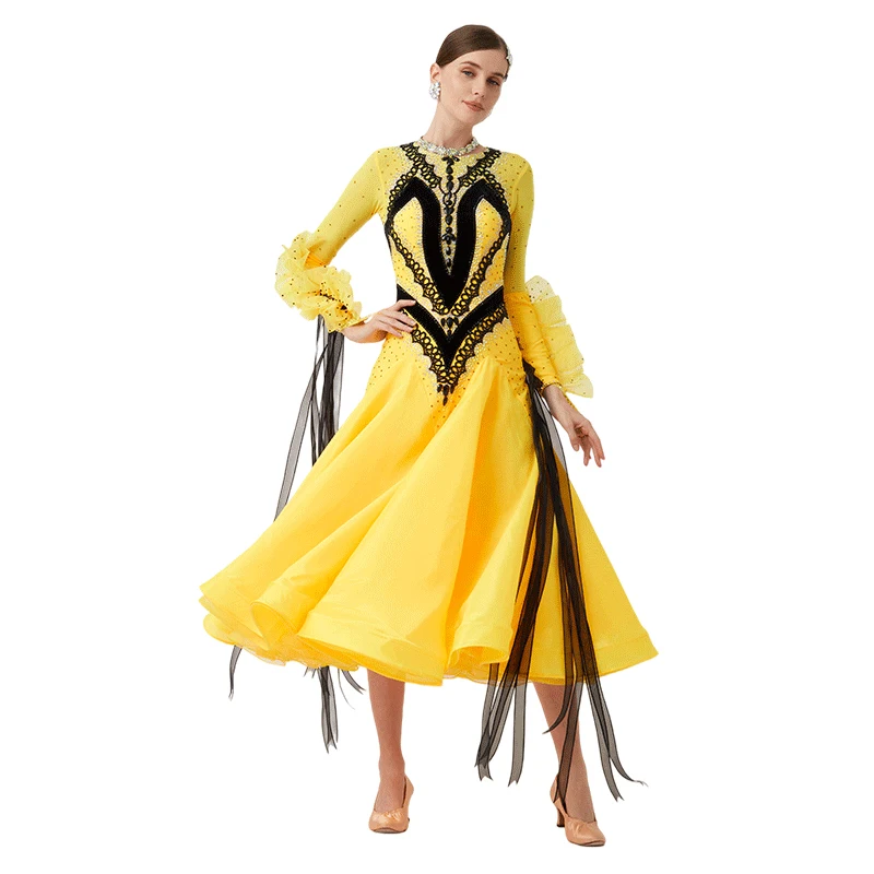 

B-23162 Новое платье для бальных танцев международного стандарта на заказ, высококачественное шелковое платье для бальных танцев с желтым жемчугом для продажи