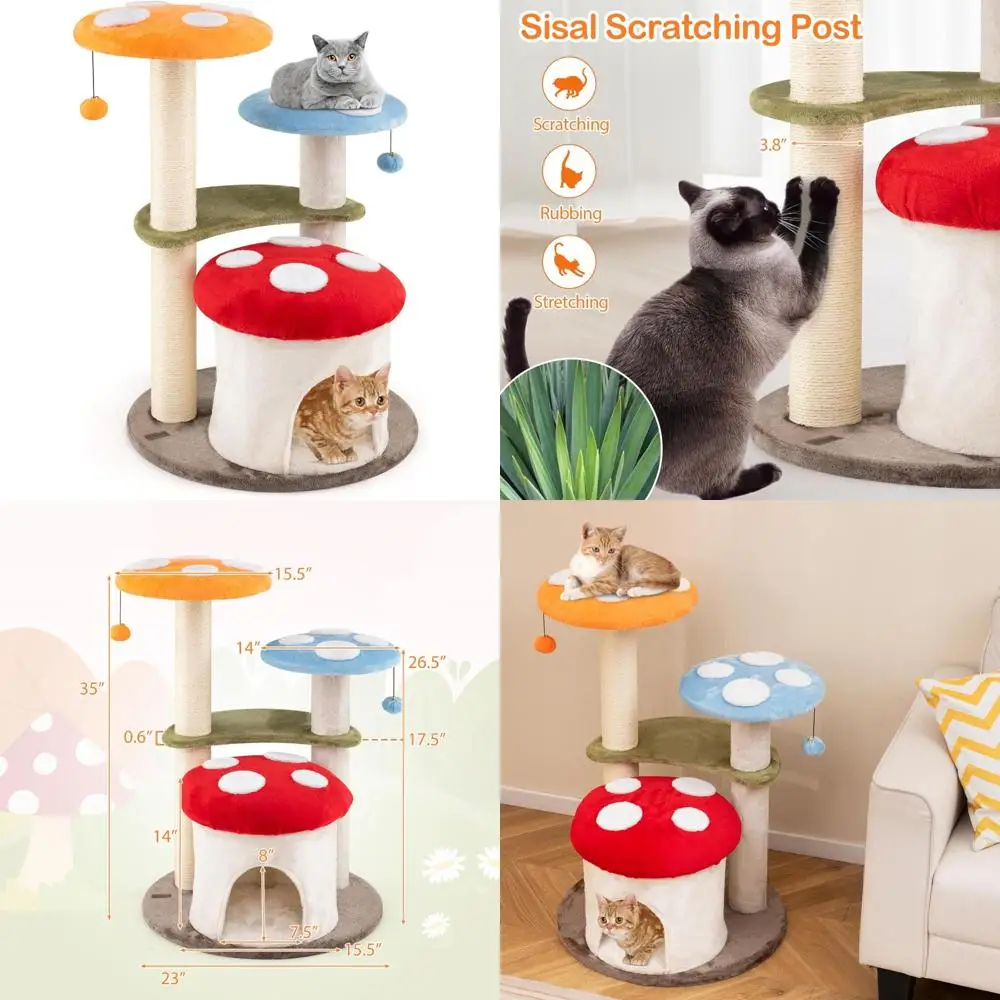 

multi-level adorable cat tree tower with sisal scratching posts, plush perches, and hanging toys