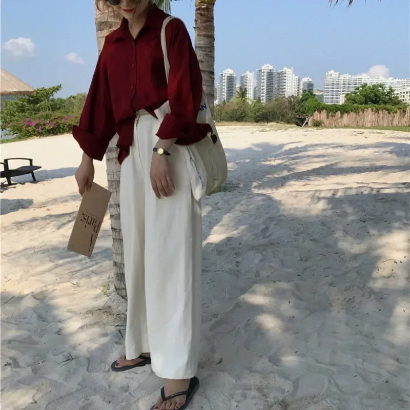 Burgunder Hemden Frauen Vintage Einreiher Langarm Baggy Preppy Style Mode einfache Strand urlaub koreanische Retro Overs ize