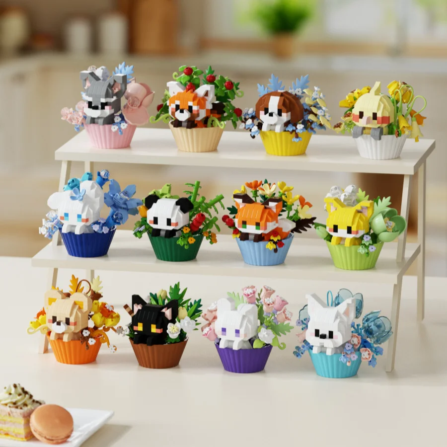 Flower Basket Cute Animal Building Block Set, Including Parrot, Chick, White Rabbit, Little Fox, Panda, Little Bear, West Highland Terrier, Schnauzer, Little Yellow Dog, Little Black Cat, and Other Animal Building Blocks, Desktop Decoration, Christmas Gift, Easter Gift, Perfect Birthday Gift, Holiday Gift