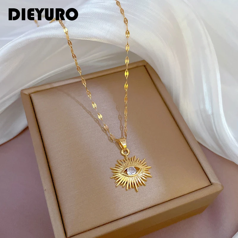 DIEYURO 316L Stainless Steel Zircon Eye Shape Pendant Necklace For Women New Vintage Girls Charm Jewelry Chain Party Gift Bijoux