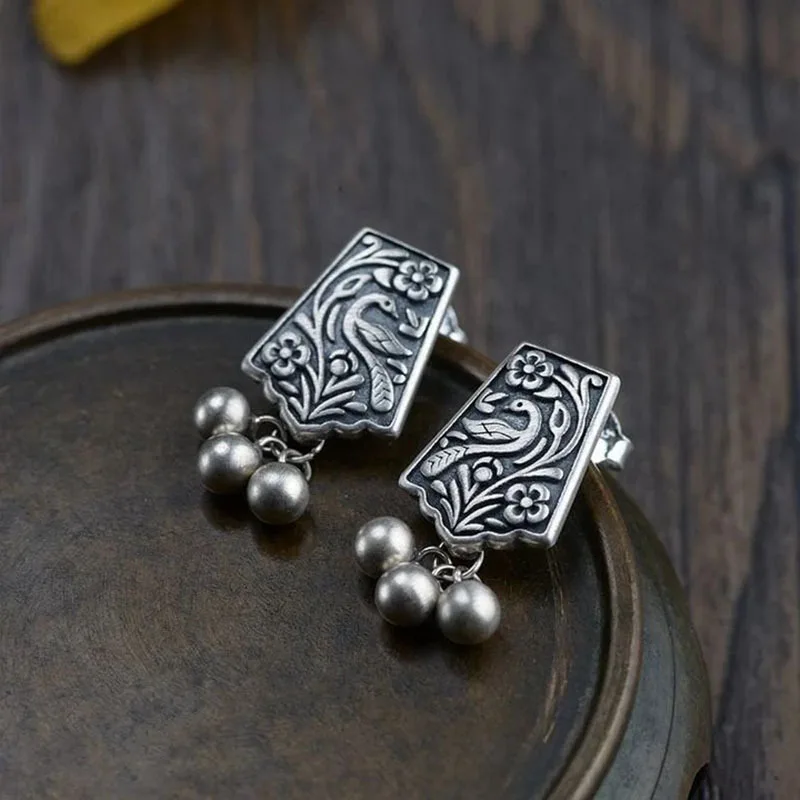 Unique Creative Carved Floral Charm Earrings for Moms Elegant Phoenix Peacock Pattern Tassel Ball Earrings for Women