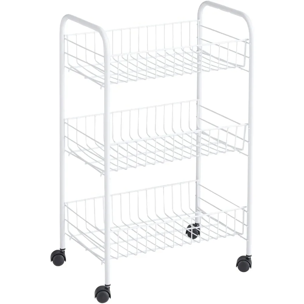 

3-Tier Shelving Wheeled Organizer, Wire Adjustable Metal Storage Cart, for Office/Kitchen/Bedroom/Laundry Home Use, White