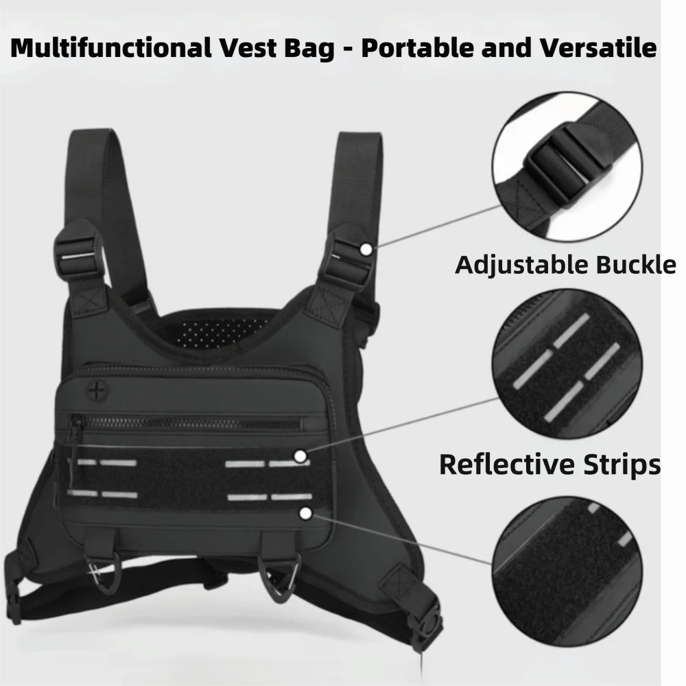 Black Sports Chest Bag Polyester Lining PVC Leather Outer Layer Front Chest Pack Breathable Mesh Reflective Detail