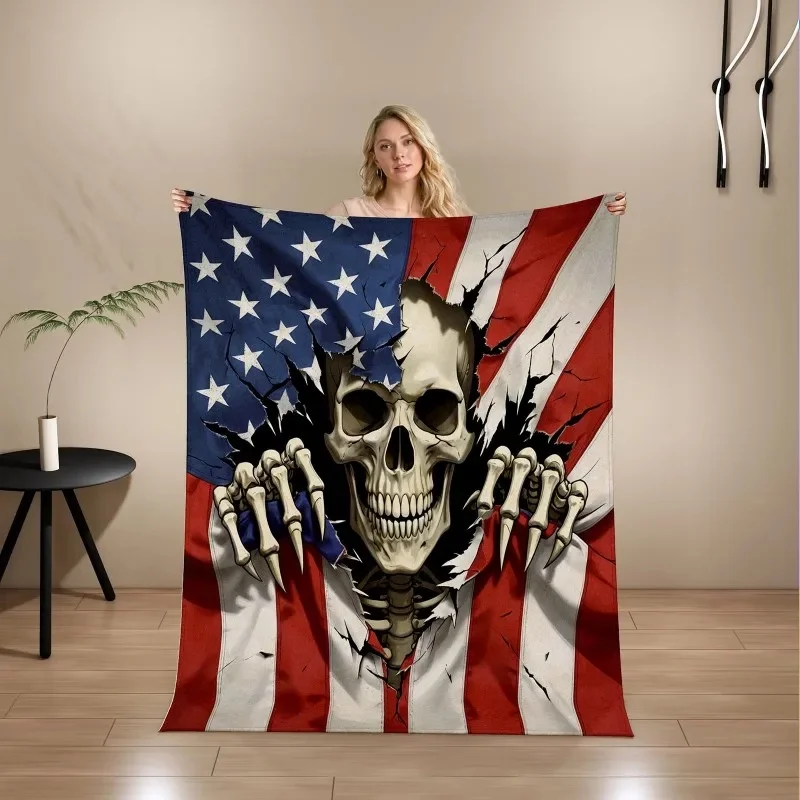 Skull Flannel Fleece Throw Blanket, Soft Microfiber Gothic Rose American Flag Fire Print for Sofa Bed Couch Halloween Gift