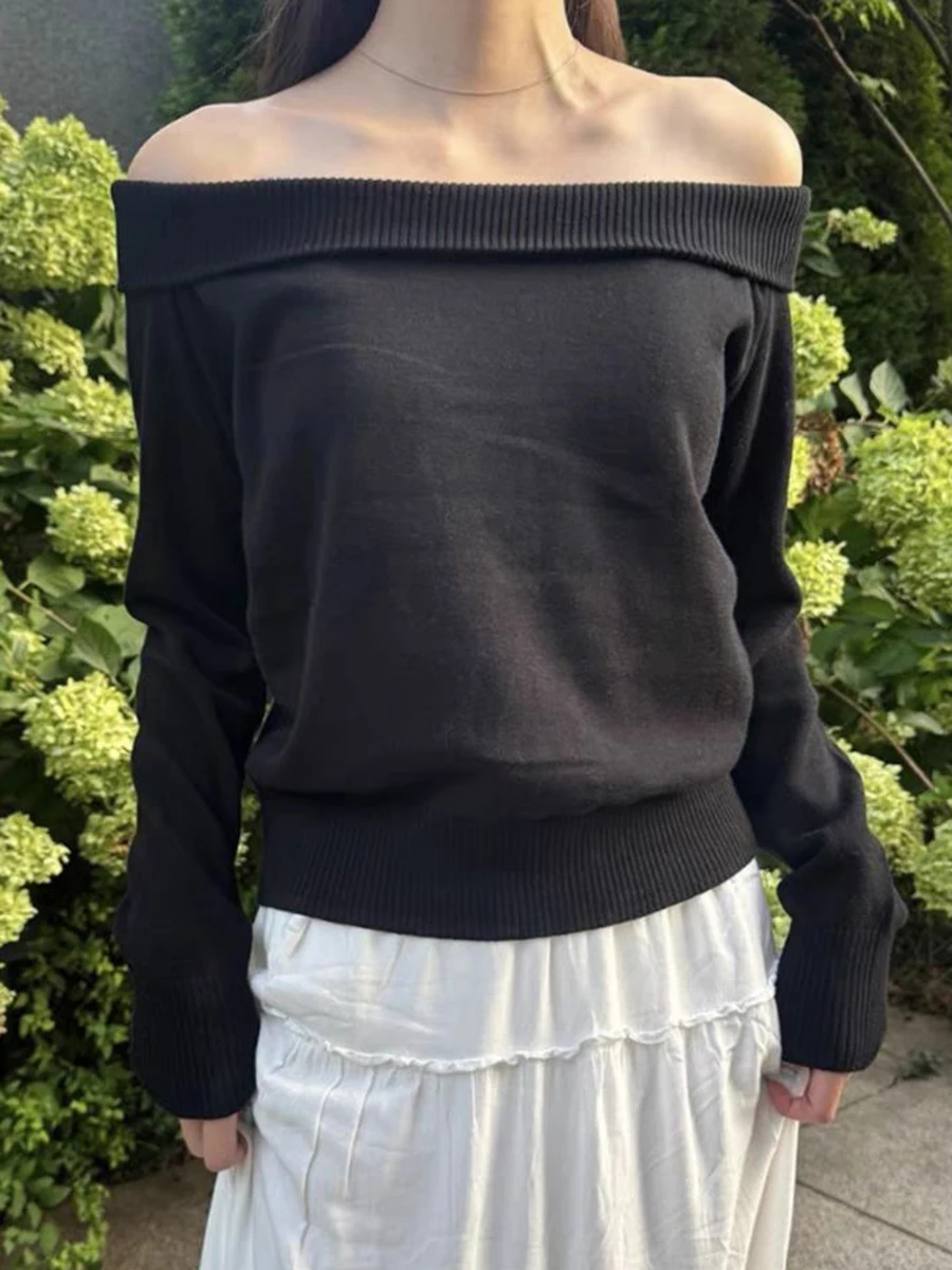 

Black Slash Neck Slim Sweater Woman Autumn Long Sleeve Cotton Pullover Casual Simple Sweet Preppy Style Jumpers 2024 New Y2k Top
