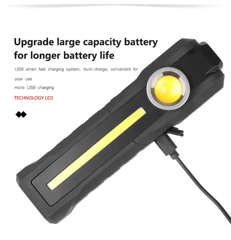 Luz de trabalho recarregável LED COB, Dobramento magnético portátil, Carregamento USB, Lanterna portátil, Iluminação exterior para camping, Caminhadas