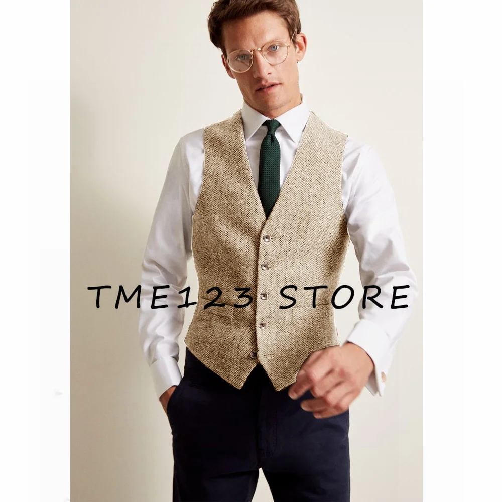 New Herringbone Pattern Men's Business Vest Single Breasted Casual Men's Vest Steampunk Waistcoat Suit Male Elegant Man Suit