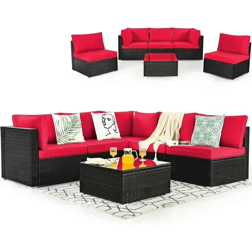 6-Piece Outdoor Wicker Patio Furniture Set with Cushions and Glass Top Coffee Table in Red