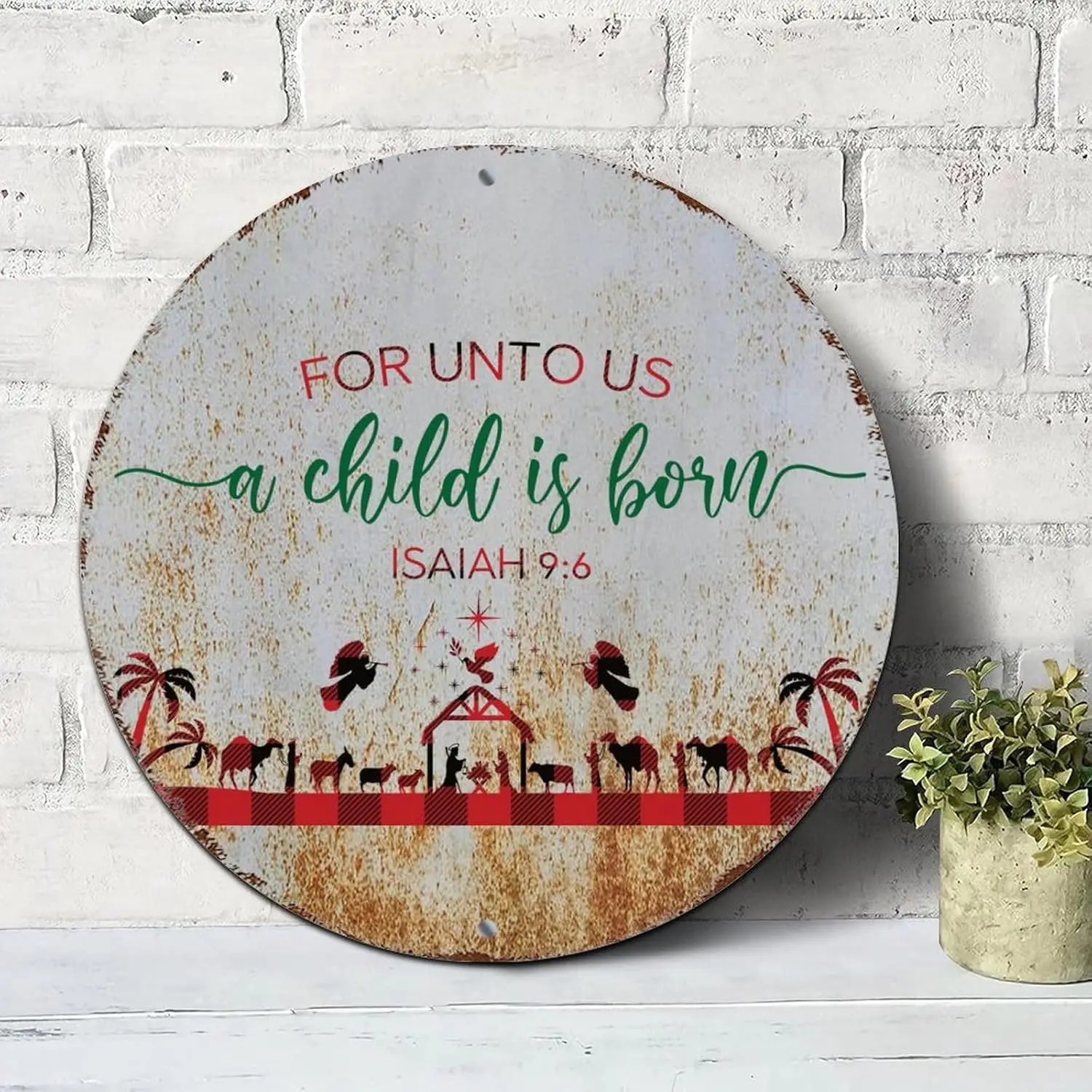 Mighun for Unto Us A Child Is Born Isaiah 12:6 Signs Christmas Lettering Saying Round Tin Signs Aluminum Metal Signs Wall Art Fa