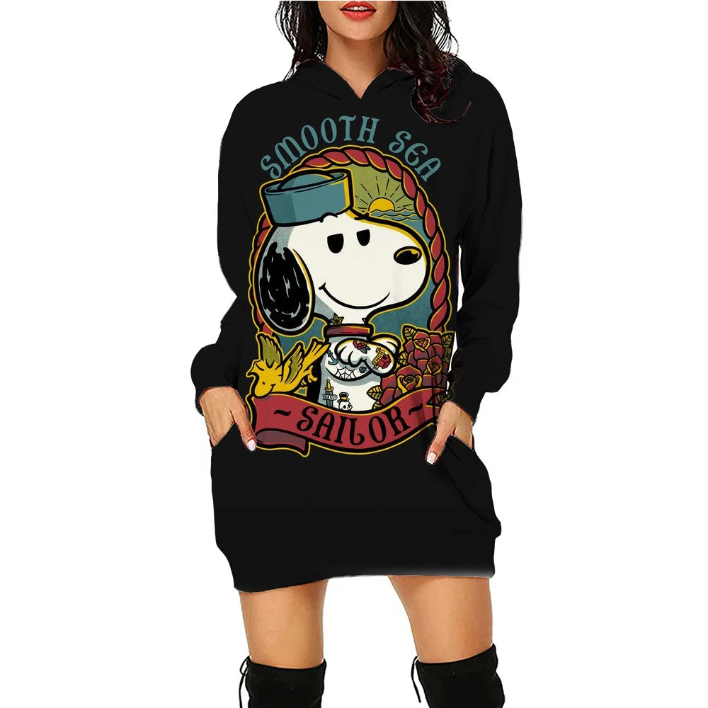 Christmas Autumn and Winter Women\'s Clothing Snoopy Cute Print Disney Women\'s Trendy Hoodie Dress Casual Long Sleeve Dress