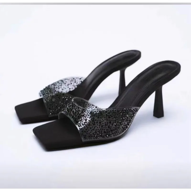 Hot Women's Transparent Sandals New Summer Fashion Square Rhinestone Strap High Heel Party Slippers Sexy Shoes Open Toe Stiletto