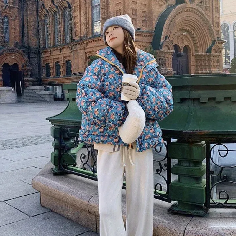 French Floral Printed Quilted Winter Down Coats For Women Streetwear Thick Warm Coats Female Loose Casual Jackets