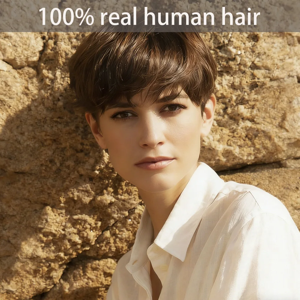 

Realistic Brown Textured Pixie human hair Wig Short Straight Pixie Cut Wig For Women Brazilian Remy Human Hair Wigs Machine Made
