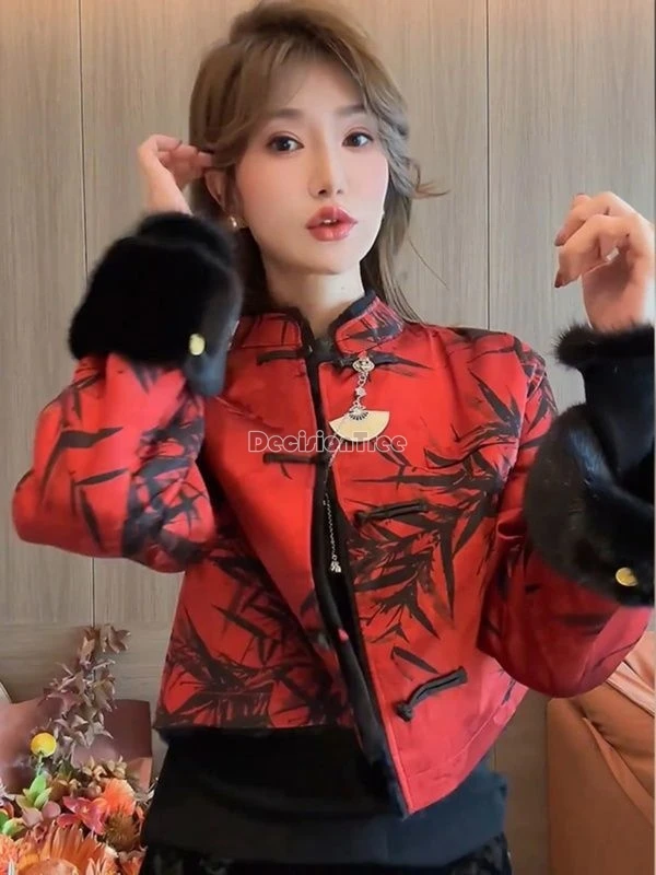 2026 chinese spring festival new red printed tang suit coat elegant warm thicken cotton garment retro temperameny versatile coat