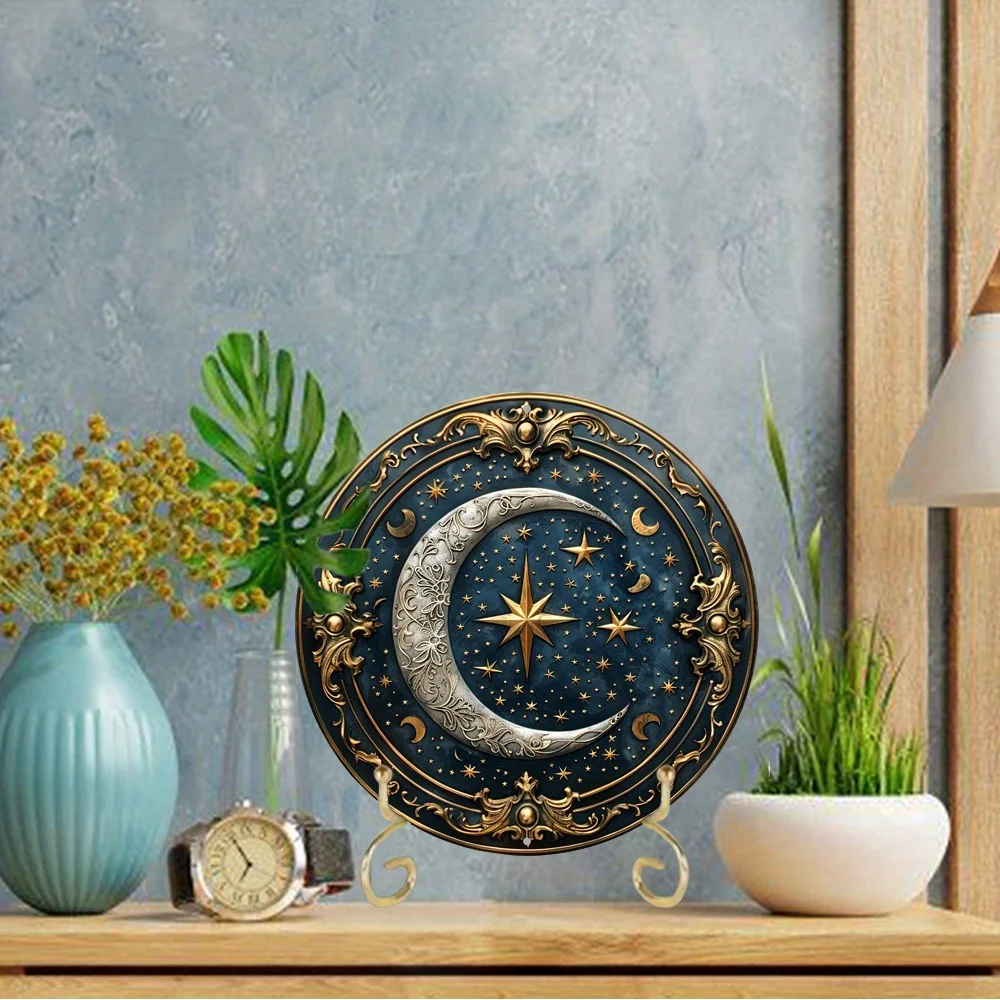 Stars and Moon Themed Wreath Sign, Round Aluminum Metal Decor Sign, for Home, Cafe, Apartmen, Living Room Wall Decoration