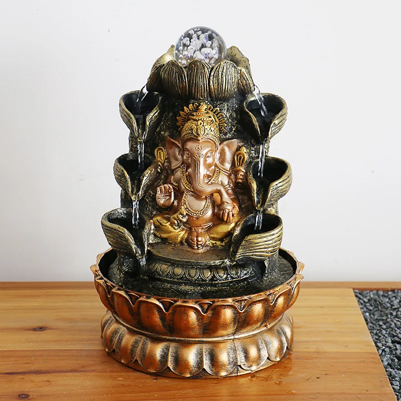 Tabletop Fountain Desktop Water Ganesha Elephant Statue Buddha Decoration Home Ornament With Light Ball Decor for