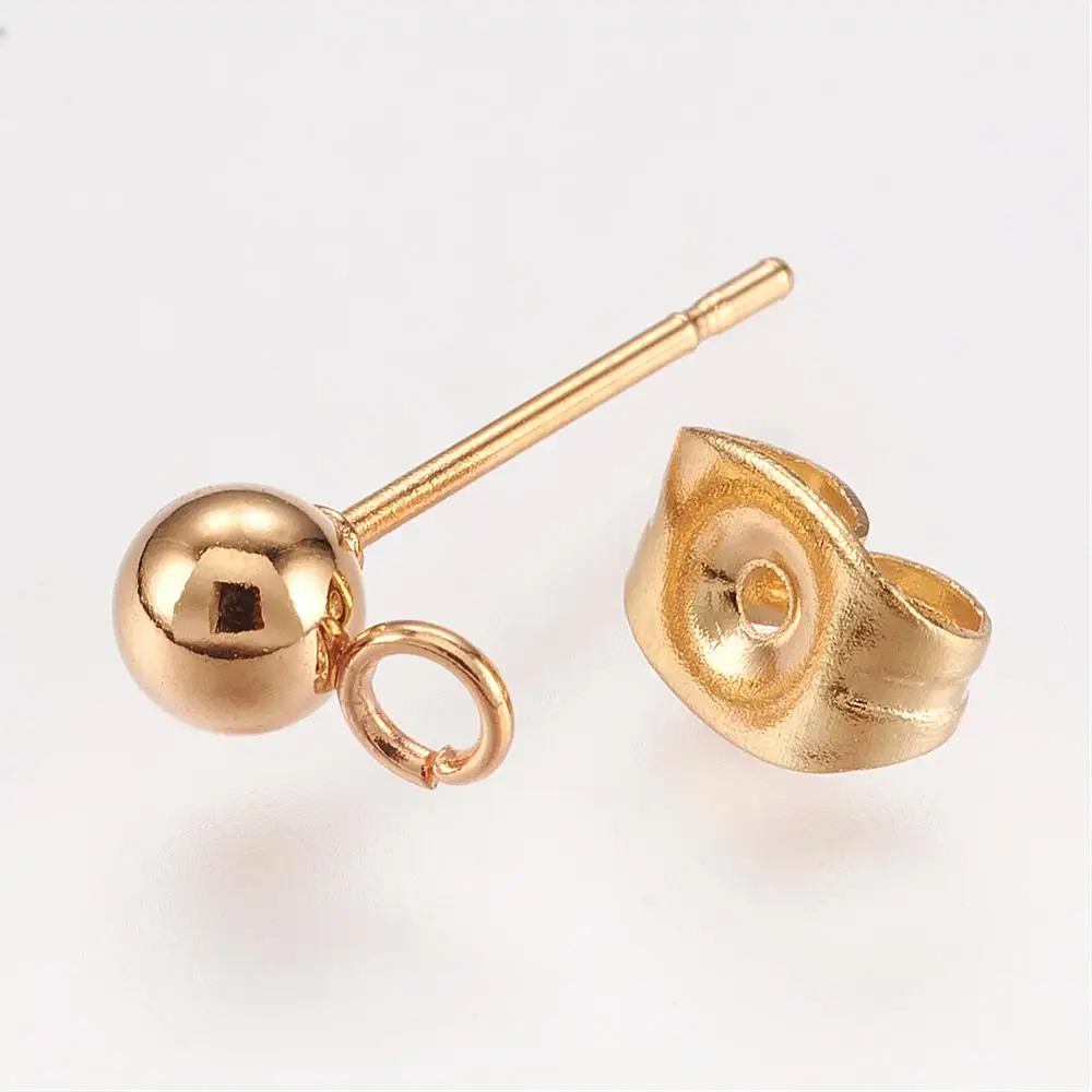 

304 Stainless Steel Stud Earring Findings with Loop and Ear Nut/Earring Backs Real 24K Gold Plated 15x7mm Hole: 1.7mm Ball: 4mm