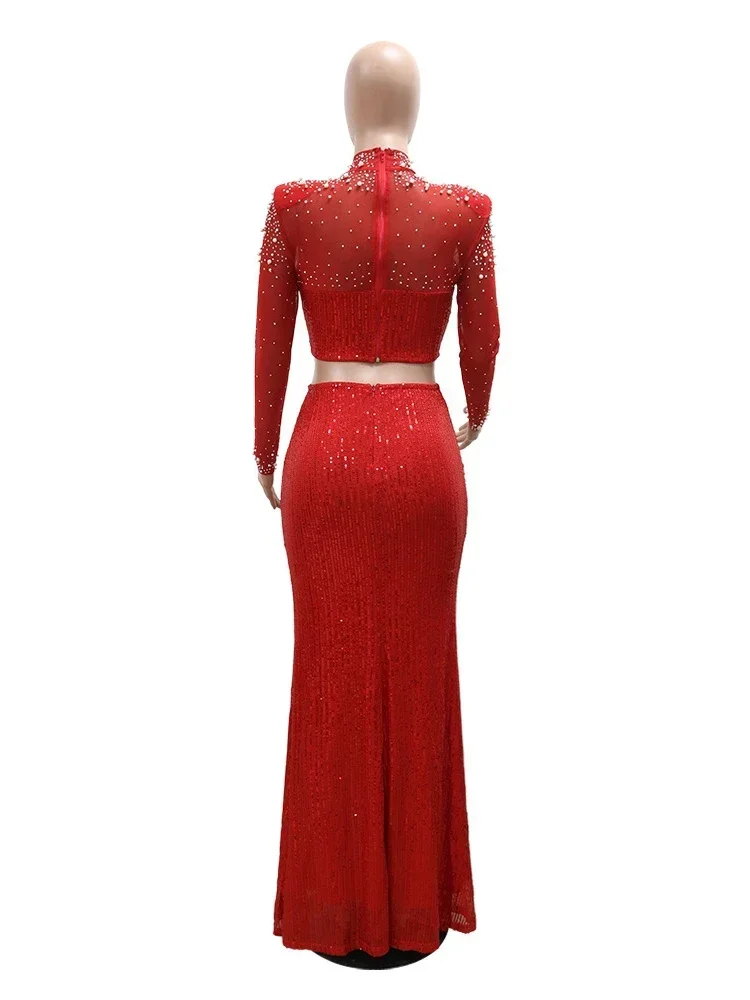 Luxury Sequins Evening Dress Set Beading Diamonds Cropped Tops High Slit Maxi Skirts 2 Piece Outfits Bodycon Party Dinner Gown