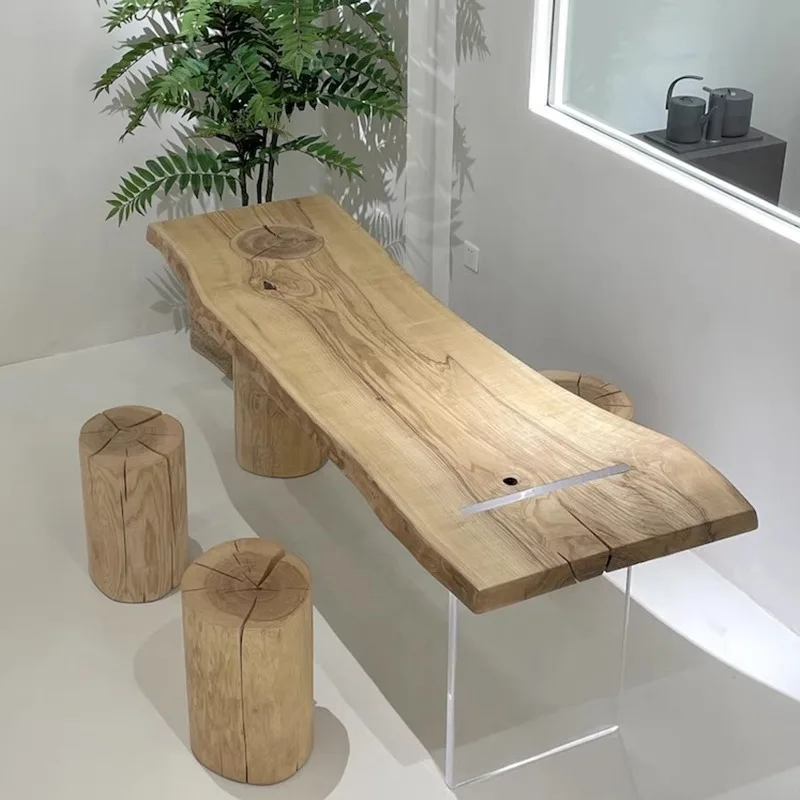 Nordic Japanese cream style solid wood large board table ash wood log light color desk special-shaped tea table