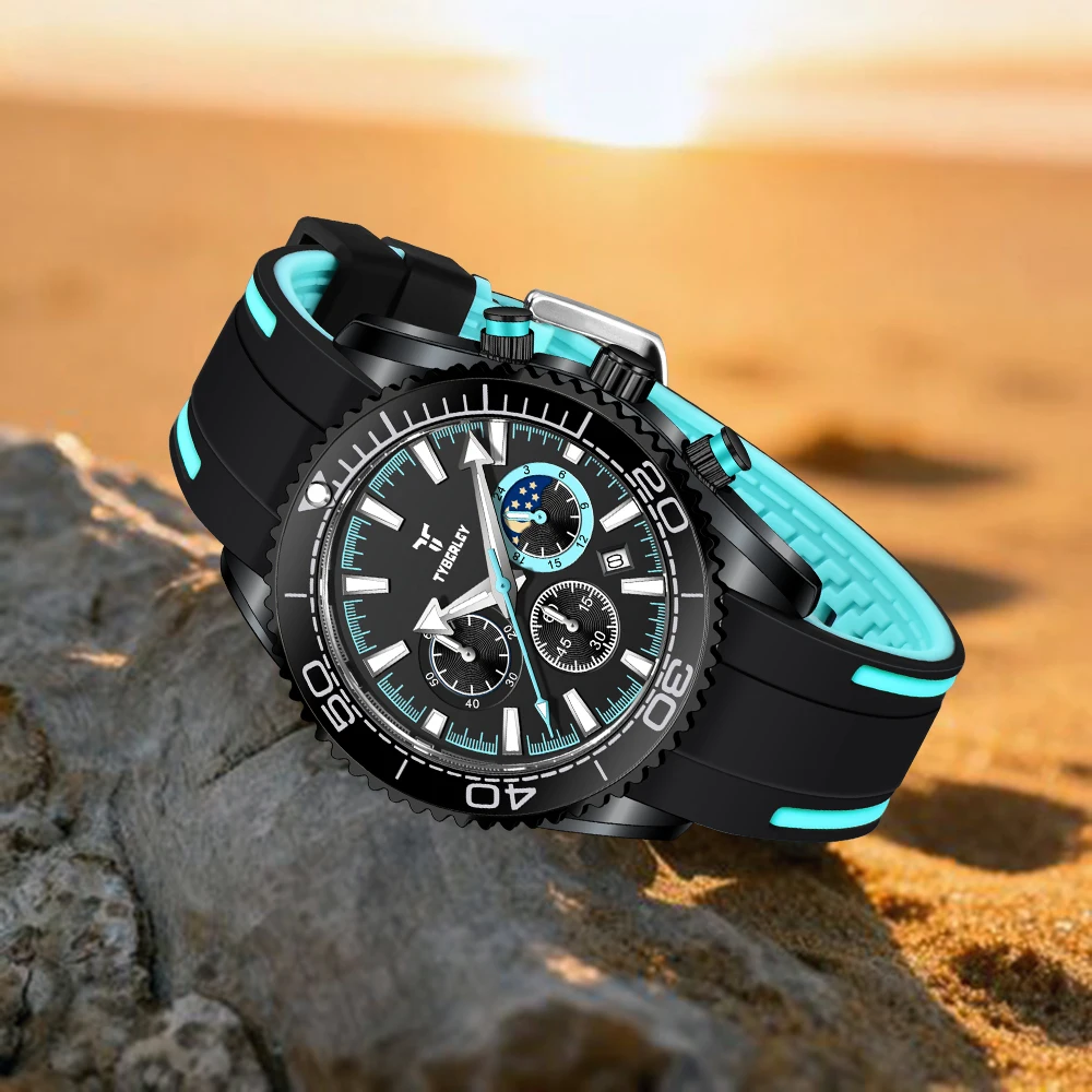 TYBERLEY 2026 Men Quartz Watch Simple Efficient Pin Buckle Quartz Watch Alloy Material Rubber Strap Luminous Pointer Chronograph