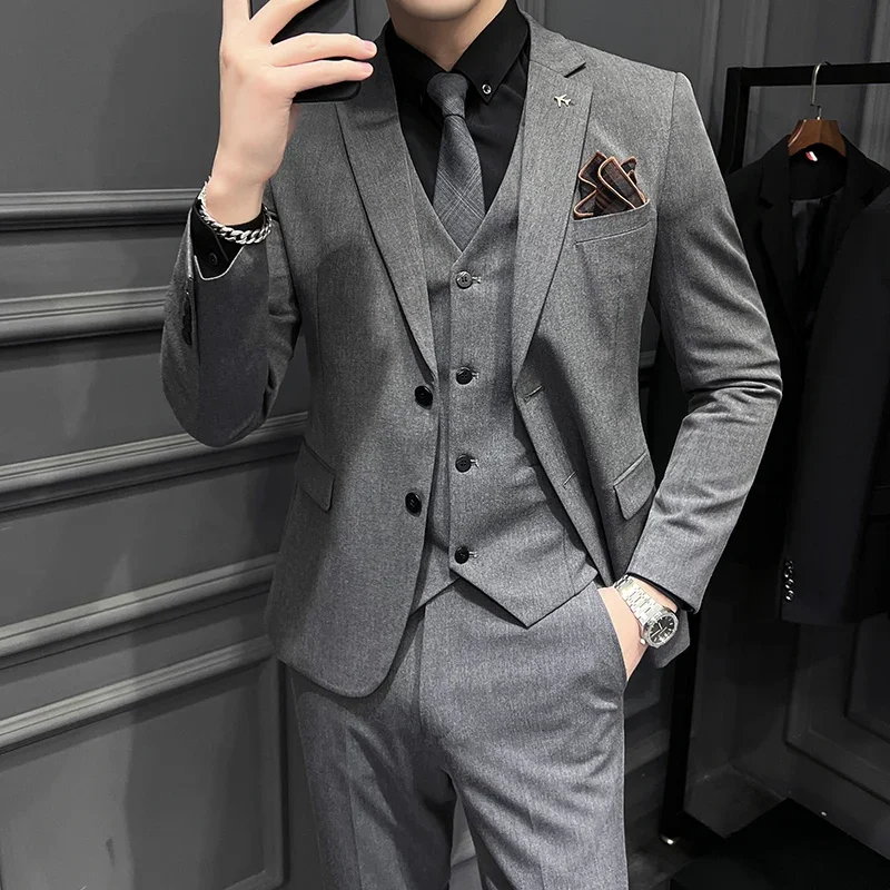 ( Blazer + Vest + Pants ) Boutique Fashion Solid Color Men's Slim Casual Business Suit Three-piece Set Groom Wedding Dress Party