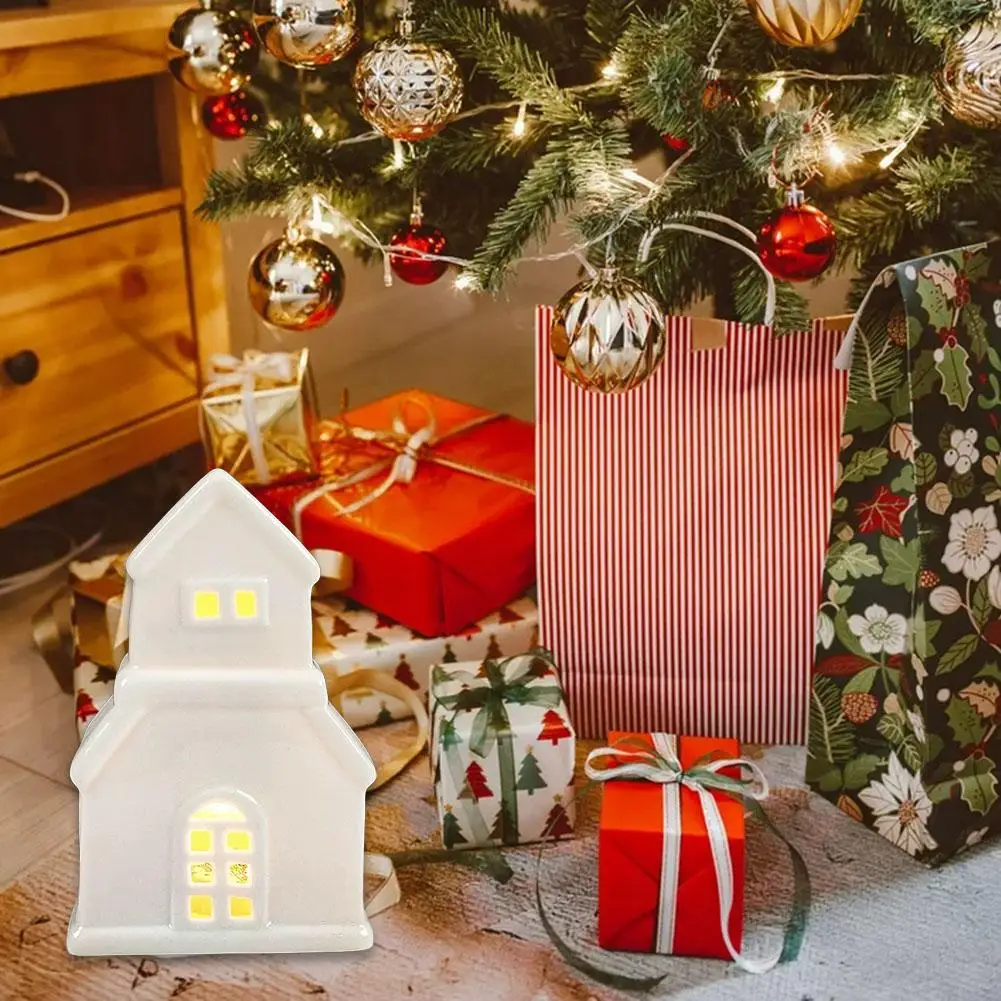 Mini White Glazed Ceramic Christmas Home Decoration Christmas Crafts LED Luminous Hollow House Creative Desktop Decoration