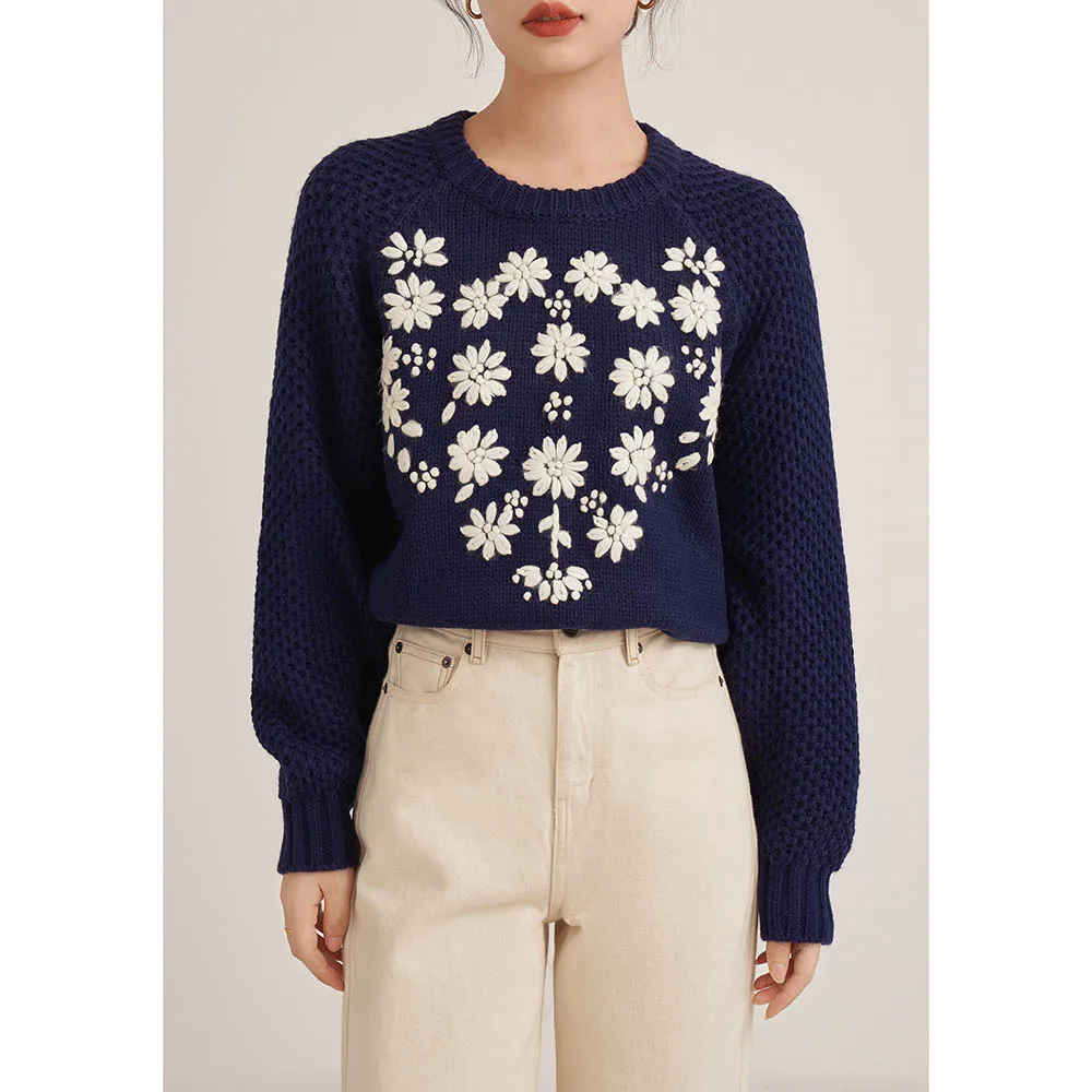 Vintage Embroidery Crew-neck Sweater 2023 Winter Women Clothes Pullover Knitted Top Classic