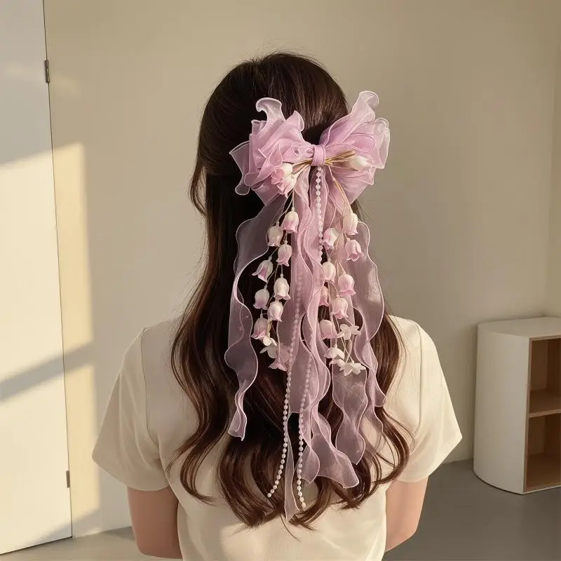Fashion Tassel Hair Clip with Mesh Bow for Girls Wedding Party image 4