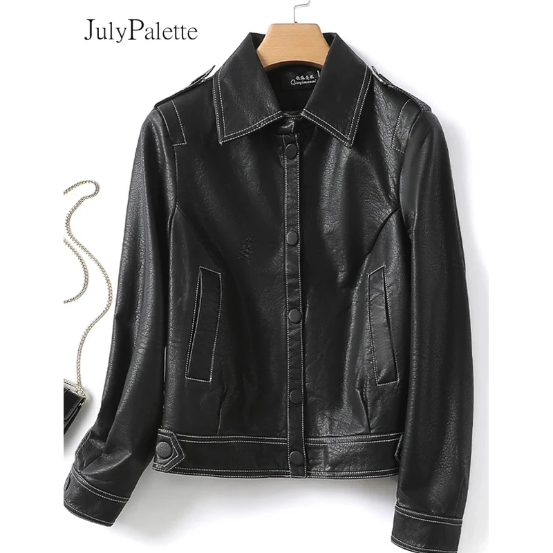 Julypalette Autumn Winter Split Leather Jackets Women Turn-down Collar Button Casual Coats 2024 Fashion Female Sheepskin Jackets