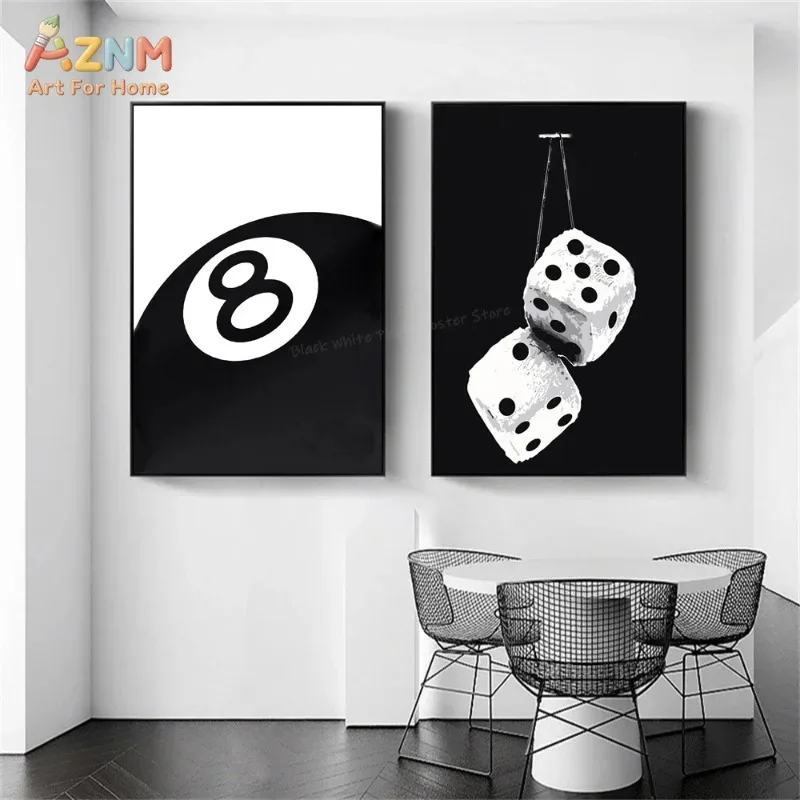 Black White 8 Ball Dice Canvas Wall Art 2 Panels Trendy Billiard Poster Minimalist Modern Wall Decor For Bedroom Restaurant