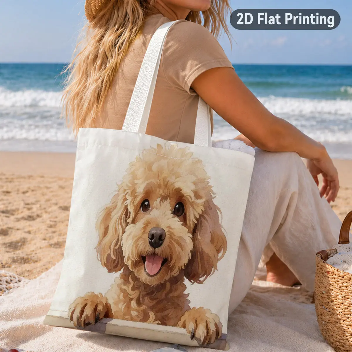 2D Flat 1pc Watercolor Style Cute Poodle Puppy Tote Bag, Duplex Prints Adorable Brown Poodle with Curly Fur, Ideal for Grocery S